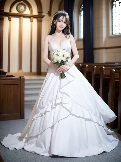 Photo-realistic quality、a woman in a Wedding dress holding a bouquet of flowers、Standing in front of the church、20 year old Japanese model、白のWedding dress,Hanae Mori style wedding dress、Japan idols at 20 years old、lace prom dresses、looking at the camera、De...