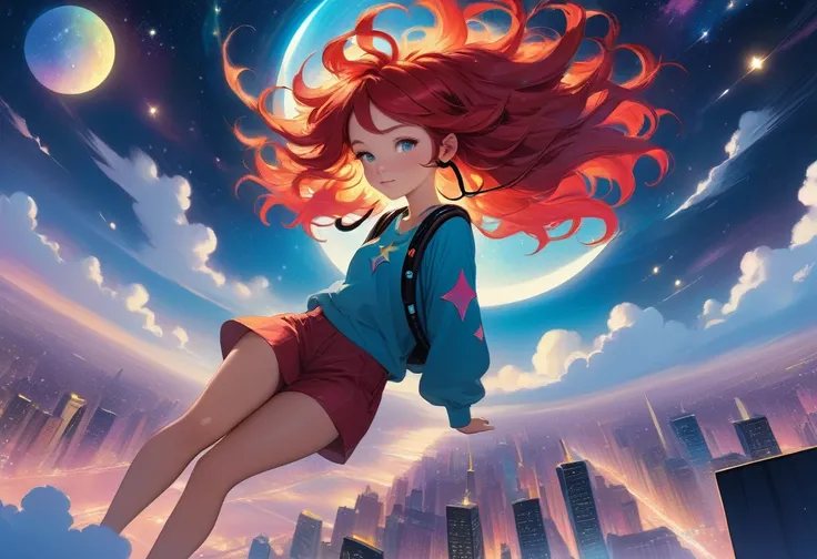 A beautiful fantasy style painting of a beautiful red haired woman with big messy hair, floating on a cloud gracefully laying on the cloud, wearing headphones, with moon light, twinkling stars and stardust, vibrant and colorful, full body shot, looking dow...