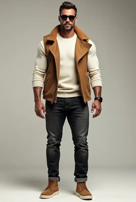 Create an image of a strong man wearing black jeans with a lighter wash, an off-white sweater, a light brown vest and brown shoes with white edges and sunglasses. 