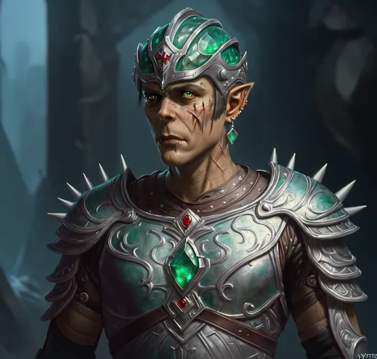 githyanki, dark green skin, solo, looking at viewer, male, emerald gem as his left eye, blacked out leather armor, bald , spiky earrings, male focus, portrait, hyperrealistic, intricately detailed, 8k, award winning photographer shot, bone helmet, a healed...