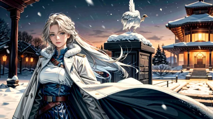 (highest resolution, distinct_image), realistic, Best quality, single person, one girl, solo, masterpiece, highly detailed, realistic, long hair, braided white blond hair, (blue military uniform underneath the coat), depth of field, (falling snow), ((big b...