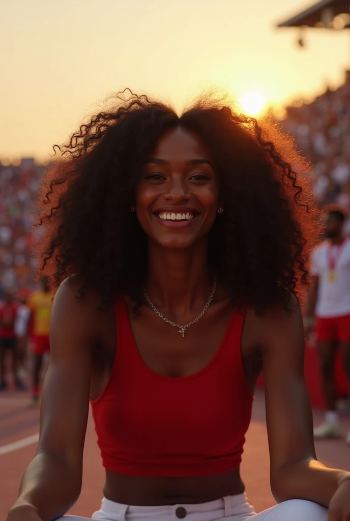 darkskin ebony 1girl, selfie photo hyper realistic curly long black hair mirror photos 8k ultra hd, cheering at the olympics, sitting in crowd, red crop top, white pants, sunset lighting