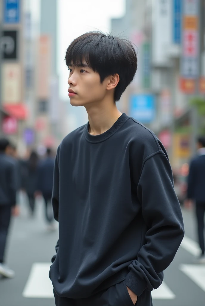 23 years old　Japanese　male　university student　Hairstyle parted in the center　I can see your forehead　Simple Outfit　color of clothing（monotone）　Full body photo（So that you can see your feet）　A photo taken unexpectedly　profile　Photo from a distance　place（Urb...