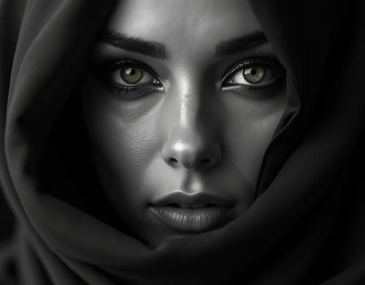 A mesmerizing close-up portrait of a woman’s face, with her captivating eyes as the focal point. Her eyes, framed by a flowing hijab, exude a sense of mystery and elegance. Monochromatic tones and the smooth, textured texture of her skin add depth and cont...