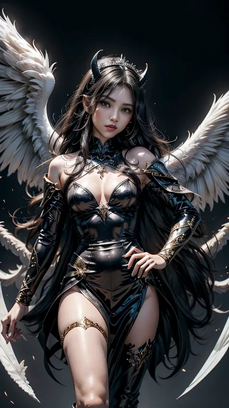 A sexy, tight-fitting but not revealing leather outfit that combines the perfect dynamic elements.: 1.7, Subtle tattoos: 1.6, Fine jewelry: 1.6, Highly detailed skin and facial features: 1.3, Arm and leg details, wings on shoulder, Wings of God and Demon, ...