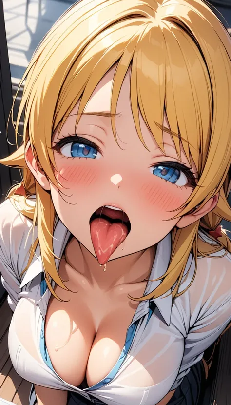 [1girl, Hachimiya Meguru, idolmaster], beautiful detailed eyes, Blue eyes,(tareme), (half-closed eyes), (opened big mouth, licking, Sticky tongue), nsfw, (close-up mouth), (curvy, Slender),(cleavage), from above, Highest quality, Super detailed, masterpiec...