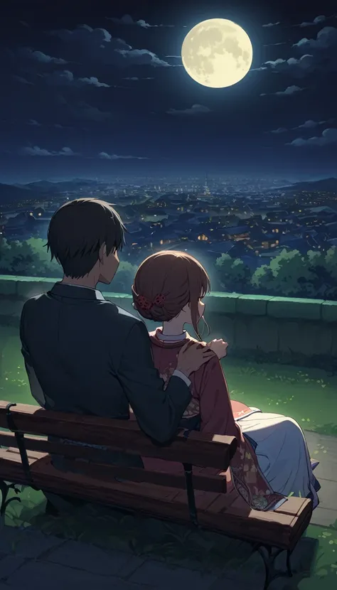 (((Back view of a man and a woman sitting on a bench:1.5)))、Highest quality、masterpiece、Takuboku Ishikawa、I hate the moon、Meiji period of Japan、Wabi-sabi art、Beautiful landscape painting、night、Night Time、(((Two people sitting on a bench in a park at night:...