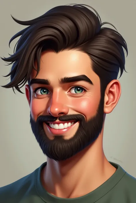 Dark brown, Side parting, smooth and short haired. Black and short full beard. Thin cheeks. Blue mixed with green eye color. Smiling picture. young looking.