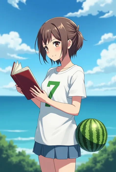 Brown short hair　18-year-old female　Holding a book in his left hand and reading　In his right hand he holds a round watermelon　He is wearing a white T-shirt with the number 7 written in green　Anime Style　The background is the sea