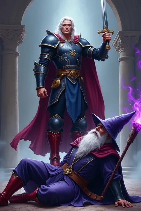 Male warrior in dark blue armor, wearing red boots, White hair, sword in hand, In a victors pose, before a defeated and dejected magician dressed in purple and dark tones, with a white beard and a pointed hat, In the magician&#39;s maho a long staff or can...