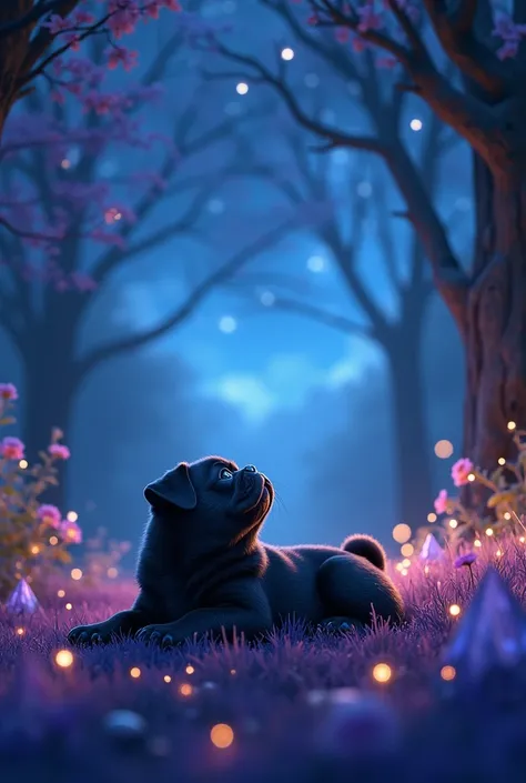 Juninho (a black pug puppy) leave the cave tired, because it ran a lot (now he is in a magical forest, with little flowers, fire flies, Magic trees, crystals, purple grass (predominant cool tones and warm tones for details). He lies on the grass on his bac...