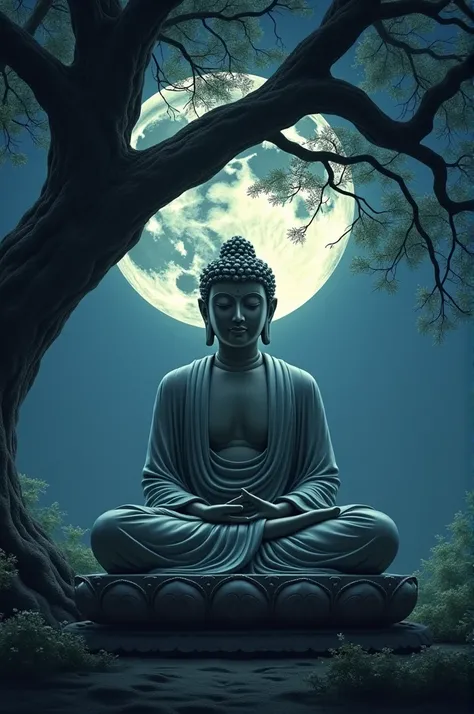 Buddha meditation under the tree at night with moon