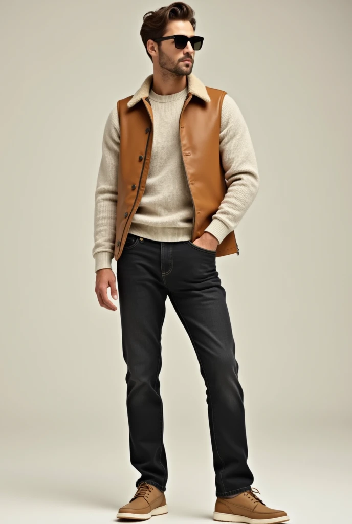 Create an image of a man wearing lighter wash black jeans, an off-white sweater, and a light brown vest., light brown shoes with white edges and sunglasses. 