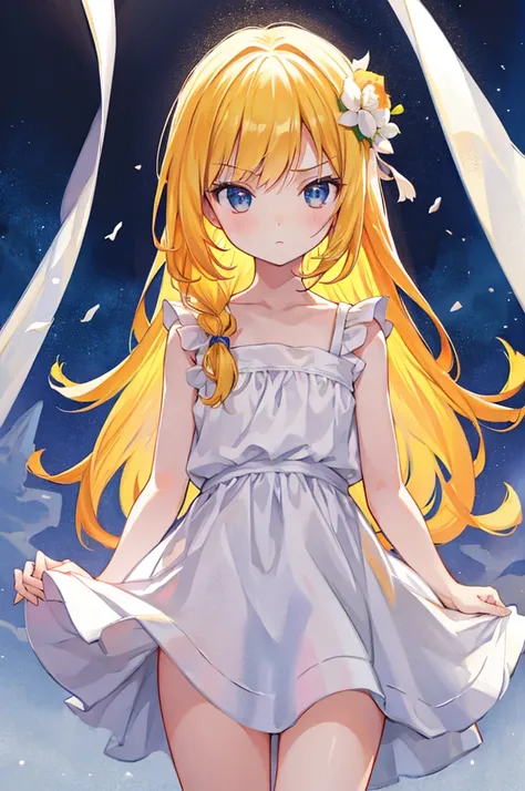 Extremely detailed, Absurd, Ultra-high resolution, Ultra-detailed, Highest quality, 1 Girl, alone, Perfect hands, Upper Body, (Are standing), grumpy look, Big eyes, (yellow hair:1.3), flat chest, Thin BREAK
(white sundress:1.5), Short sleeve, barefoot, (7 ...