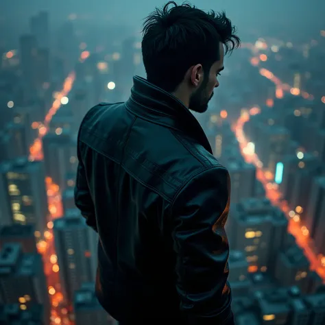 (Black Leather Jacket), On a neon lit urban night, an adventurer wearing a black leather jacket stands at the top of a skyscraper, with the night wind gently brushing the corners of his clothes, and the leather jacket reflecting a cold light. The citys lig...