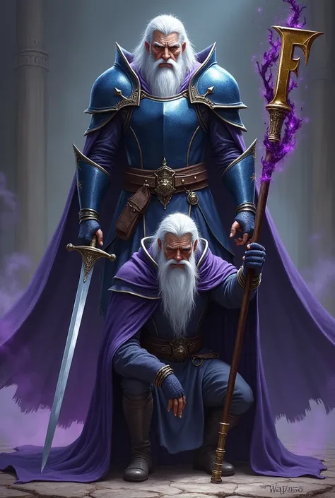 Male warrior in dark blue armor, wearing red boots, White hair, sword in hand, In a victors pose, before a defeated and dejected magician dressed in purple and dark tones, with a white beard and a pointed hat, In the magician&#39;s maho a long staff or can...