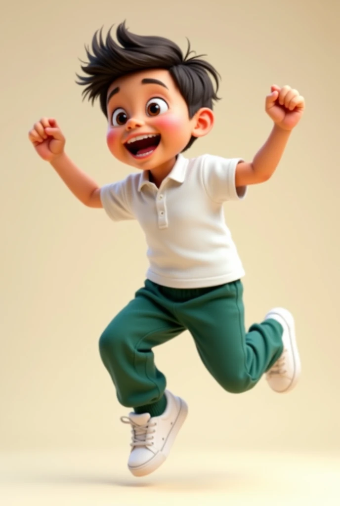 Create a photo of an animated boy in a white polo shirt, green sweatpants, white sneakers and jumping