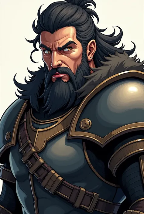 warrior, black & grey hair, blackr Bart, brown eyes, in armor, hard eyes, hard face, Anime Style 