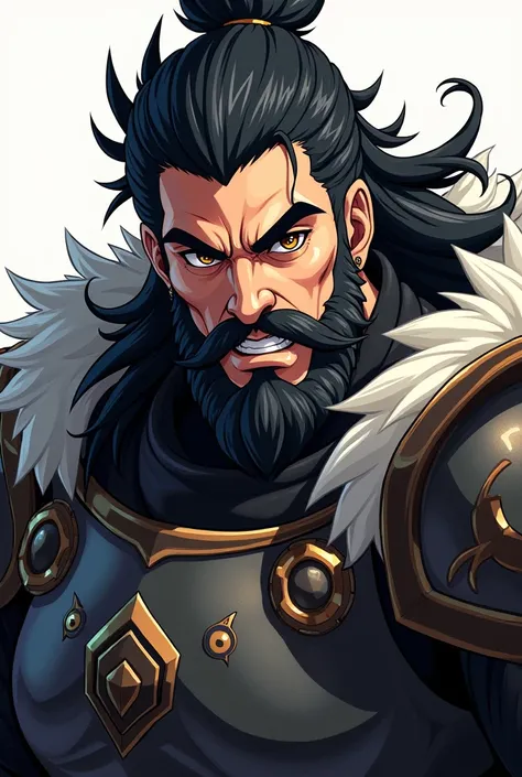 warrior, black & grey hair, blackr Bart, brown eyes, in armor, hard eyes, hard face, Anime Style 