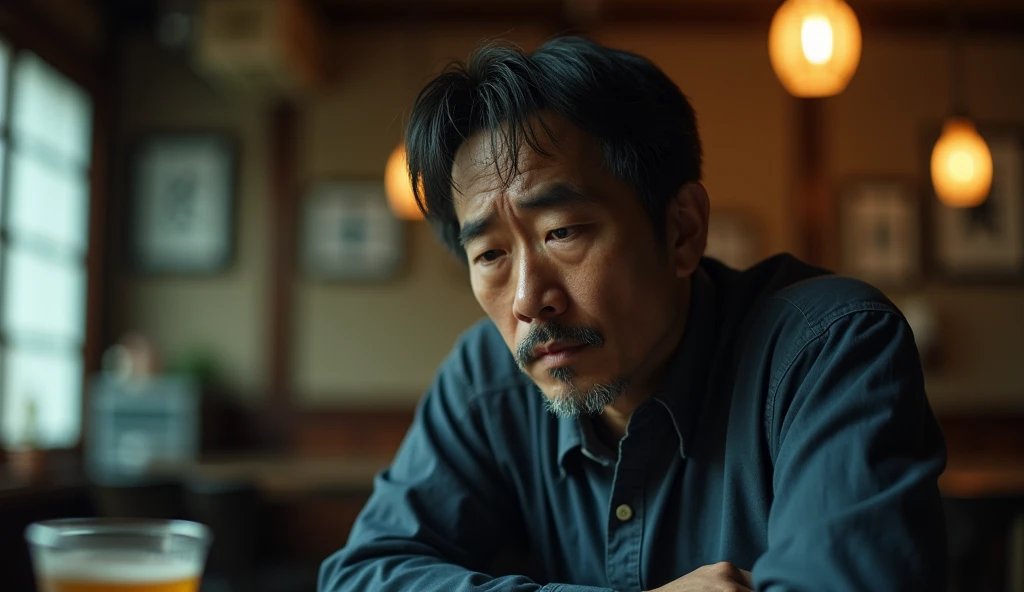 A Japanese man is depressed at an izakaya after losing money on gambling,Tragic, Photo of your face, For work, With a bar in the background, with a natural look, With a slightly tired look, tilt your face a little, Diagonal orientation, Average face