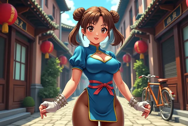 Anime realism, A movie poster depicting 1girl, a female fighter (Chun li a little chubby, cute smiling, huge eyes, (a bit curvy, small breasts, round ass, (short sized torso), medium mouth, very thick lips, almond-shaped eyes, chestnut hair, Gorgeous body,...