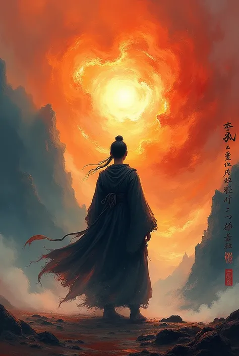 A powerful, impressionistic painting of a lone warrior standing with their back turned, facing an explosive, fiery sky. The figure is draped in flowing, dark robes that merge with the swirling colors around them, creating a sense of movement and chaos. The...