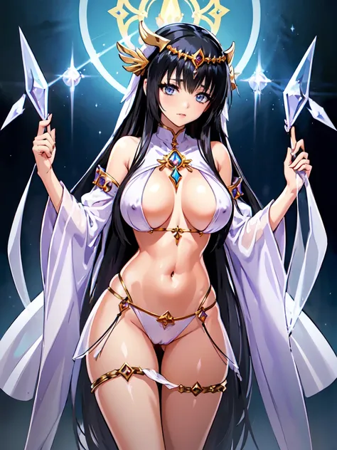 (crystal artifact), (metallic accessory), (erotic priestess), shiny(black hair), (purple eyes), (white bikini)(gold rim), slender, bellybutton, narrow hips, (exposed pussy)(erect clitoris)(spread labia)urethra, transparent skirt, fantasy, mythical altar, (...