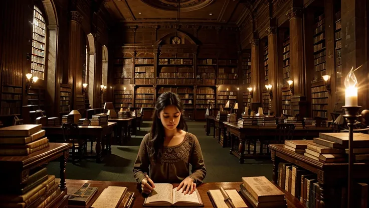 A very old huge library, containing thousands of books, stone decorations, oil lighting, a writer holding a pen and writing on old scrolls