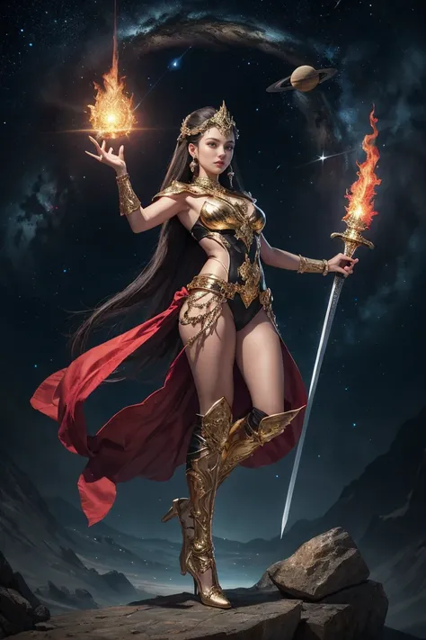 Highest quality, masterpiece, Realistic, High resolution, 8K RAW Photos, 1 person、Long Hair、goddess、Has a decorated sword、Raise your sword、((Glamour body:1.3))、(Red bodysuit with flame motif、Gold Edge)、Gold Pendant、Gold earrings、(((Action pose)))、(On a roc...