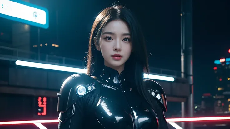 In a cyberpunk cityscape of futuristic technology and neon lights，People wearing black，Beautiful woman with perfect figure，Her face is even more perfect，Like a pure messenger from another world。her skin is white and transparent，eyes are big and bright，Shin...