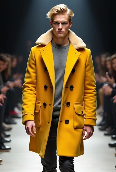 A fashion catwalk event. A model with blonde hair and a focused expression walks down the catwalk. He wears a bright yellow coat with a grey undershirt and black buttons.. The coat has a shawl collar and two pockets on the sides.. The background is slightl...