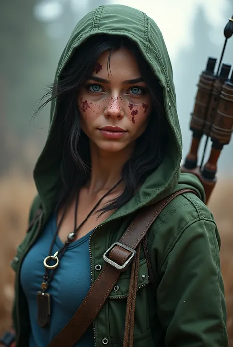 Far Cry 5, Jess Black, green hoodie, blue shirt, face scars, blue eyes, smile, archer, quiver, looking at viewer, 