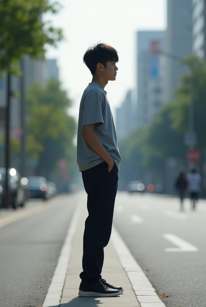 23 years old　Japanese　male　university student　Hairstyle parted in the center　I can see your forehead　Simple Outfit　color of clothing（monotone）　Full body photo（So that you can see your feet）　A photo taken unexpectedly　profile　Photo from a distance　place（Urb...