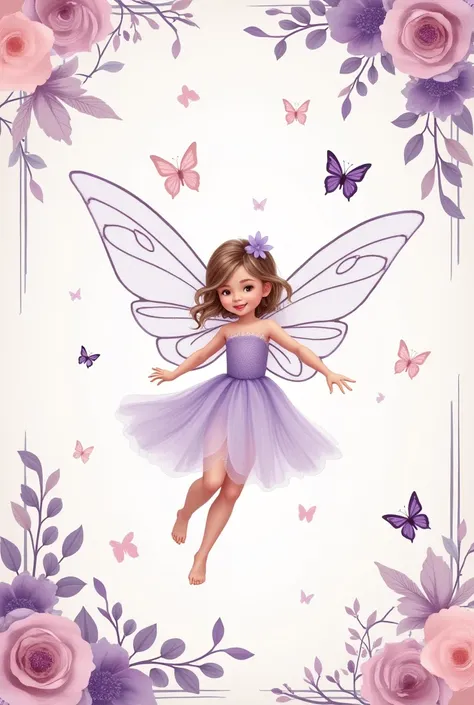 I want it to be an invitation image for my niece&#39;s first birthday party. The theme is fairies and butterflies. The colors that stand out should be purple and pastel pink.. The invitation should contain something like "I invite you to celebrate my first...