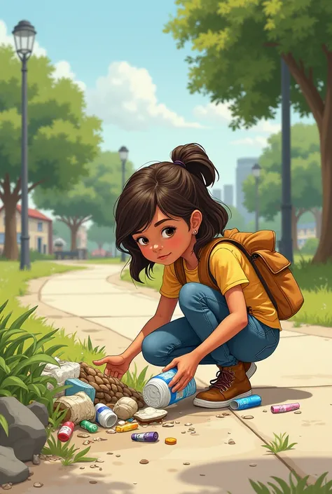 drawing of a girl picking up trash