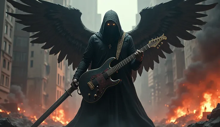 realisitic, 4K, A fallen angel with big wings, a sword, electric guitar in his hand, a hood over the head in the background image of a war in the city at night (haos)