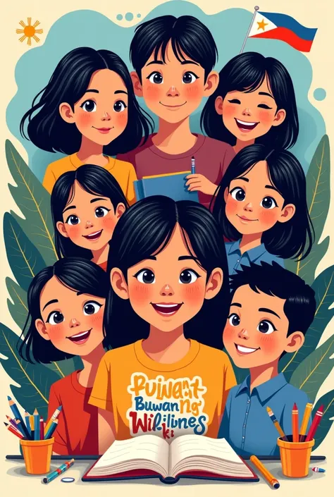 wikang mapagpalaya poster for buwan ng wika in Philippines with school and students faces, books and Filipino language and even inclusive education 