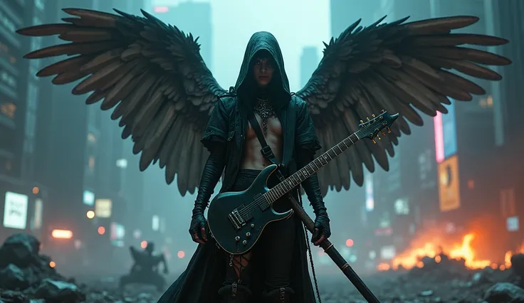 realisitic, 4K, A fallen angel with big wings in cyberpunk outfit, a sword, electric guitar in his hand, a hood over the head in the background image of a war in the city at night (haos)
