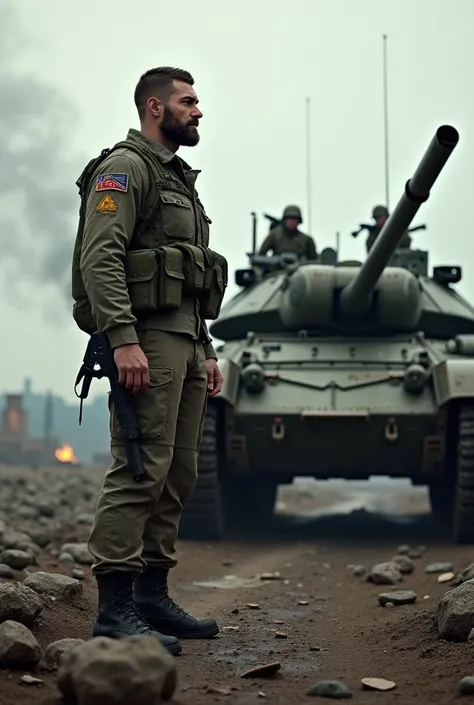 
A male soldier during the war and a tank next to him during the war.