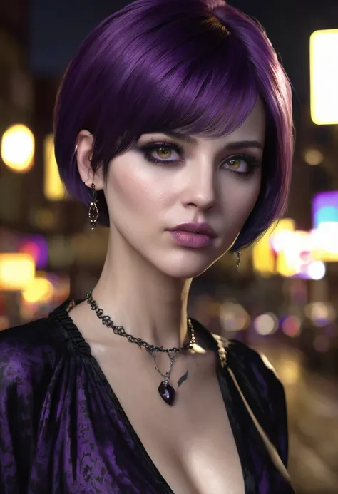 1 woman, inside a city at night, wearing a black gothic blouse, feminine yellowish brown eyes, detailed fair skin, large breasts, ear piercing, short purple hair, short straight purple hair, dramatic lighting, cinematic composition, mouth piercing, dark pa...