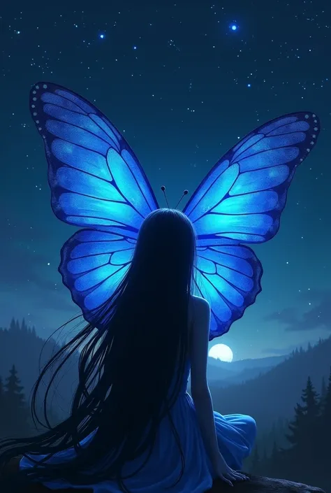 Blue butterfly with long dark black hair watching the stars at night