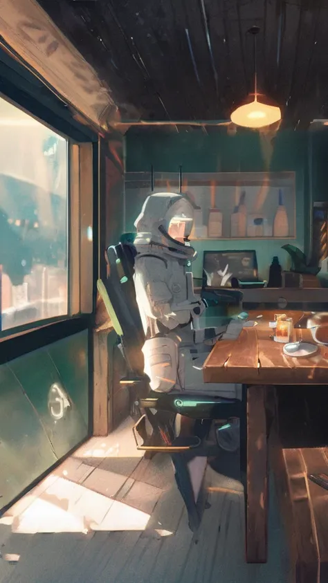 An 8K high-resolution illustration of an astronaut sitting in a cozy, modern café, sipping a cup of coffee. The astronaut is in a full space suit, helmet set aside on the table next to a steaming cup of coffee. The café is warmly lit, with rustic wooden ta...