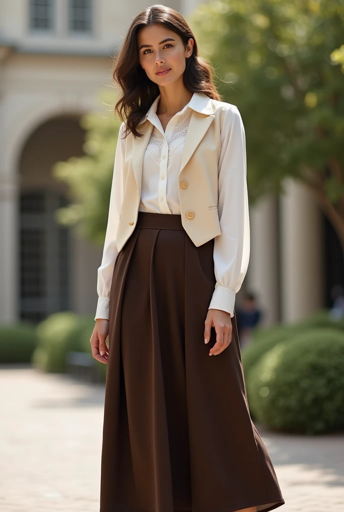 A full body graduation attire base on dark brown ankle length A line skirt, white blouse (tucked in skirt), and cream vest on top of blouse.