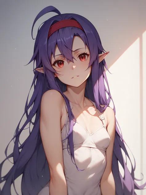 Sword Art Online,Yuki Konno,Parting the bangs,Dark purple hair, Long Hair, Ahoge, Red eyes, Pointy Ears,Red Hairband, Small breasts, one person&#39;s, Cinematic, Game CG, Anime screenshots, Official Art, masterpiece, Highest quality, Parted bangs ,Complete...