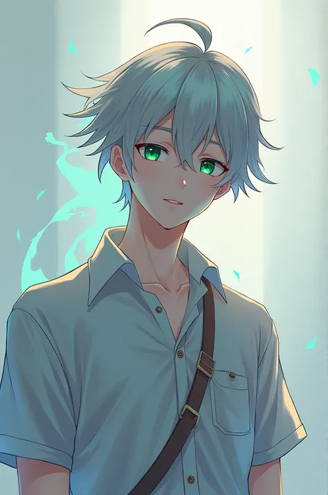 Photo 1 male anime character with silver hair reaching to the eyebrows, green eyes, casual uniform with time skills