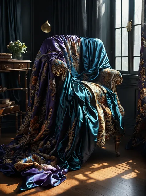 photorealistic,  dark shadows, natural light, dramatic,  source realistic, Fabric: Use various fabrics, such as silk,   You can arrange the fabric in different ways or scrunch it up to create depth and dimension.