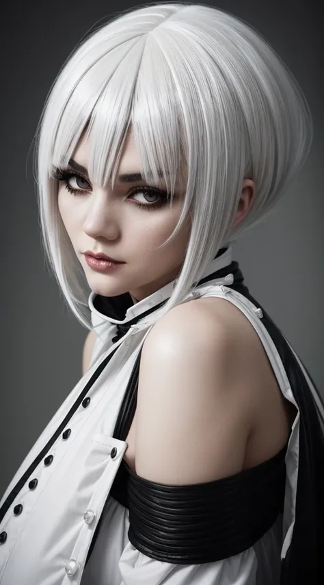 arafed woman with white hair and black and white wig, a photo inspired by Edo Murtić, tumblr, pop surrealism, black hair and white bangs, black and white hair, whitebangsblackhair, white highlights in hair, cruella devil, white hair color, with short bobbe...