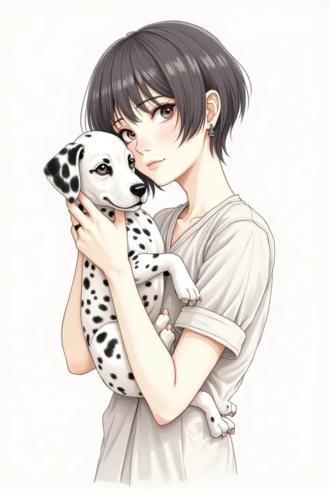 Illustration of a short-haired woman holding a Dalmatian dog with earrings and a black ring on her finger, white background, pencil drawing, pastel colors, Shirou Masamune style, retro, vintage aesthetic, very detailed. 8k,


