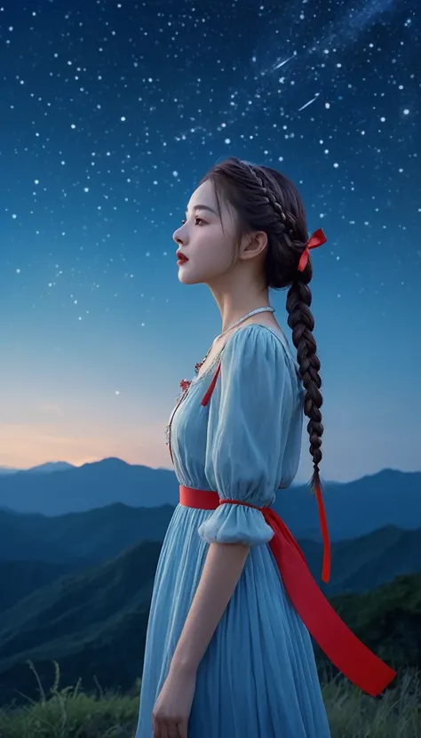 Under the mysterious night sky, A woman in a light blue dress、The girl with a red ribbon on her braid walked down slowly, Looking down from the sky. A faint light emanated from the end of the necklace around her neck. The background is the starry sky and d...