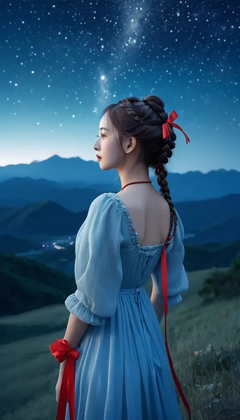 Under the mysterious night sky, A woman in a light blue dress、The girl with a red ribbon on her braid walked down slowly, Looking down from the sky. A faint light emanated from the end of the necklace around her neck. The background is the starry sky and d...